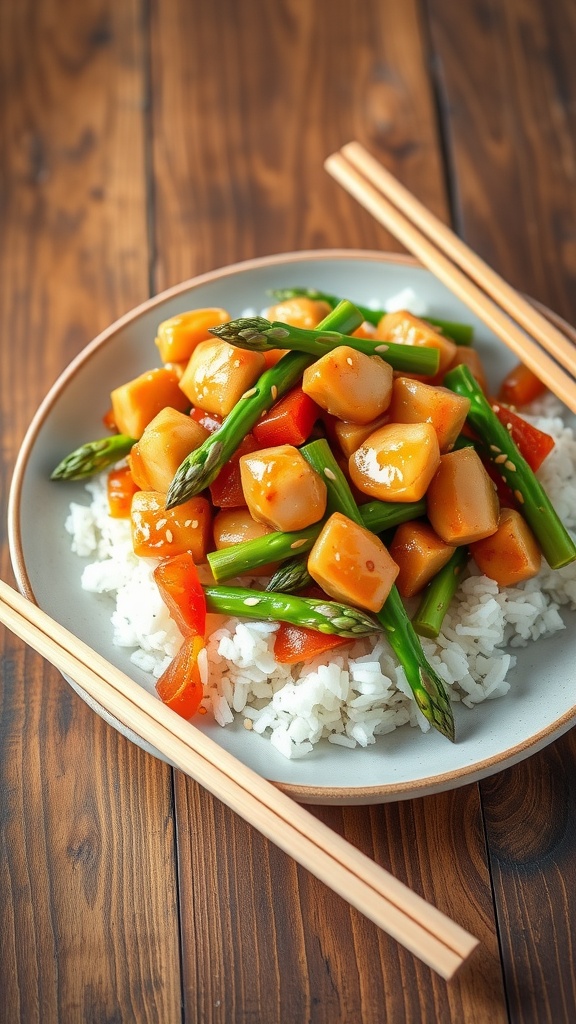 A vibrant chicken and asparagus stir fry served over rice, garnished with sesame seeds on a rustic table.